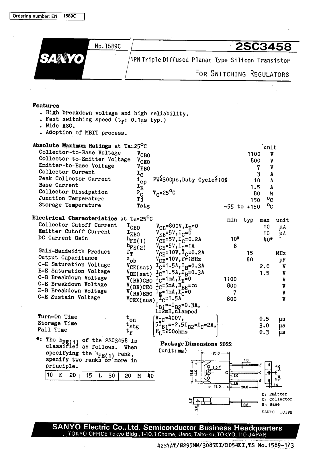 SANYO 2SC3458 Datasheet