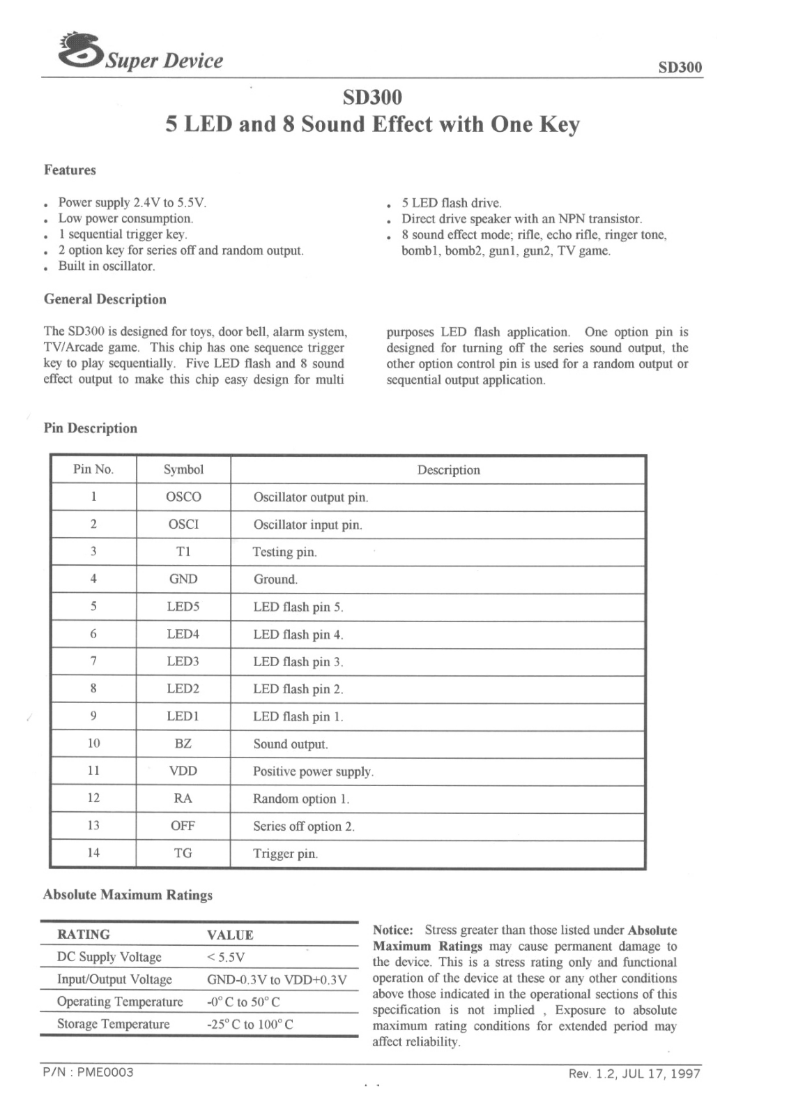 Super Device Microelectronics Co SD300, SD303 Datasheet