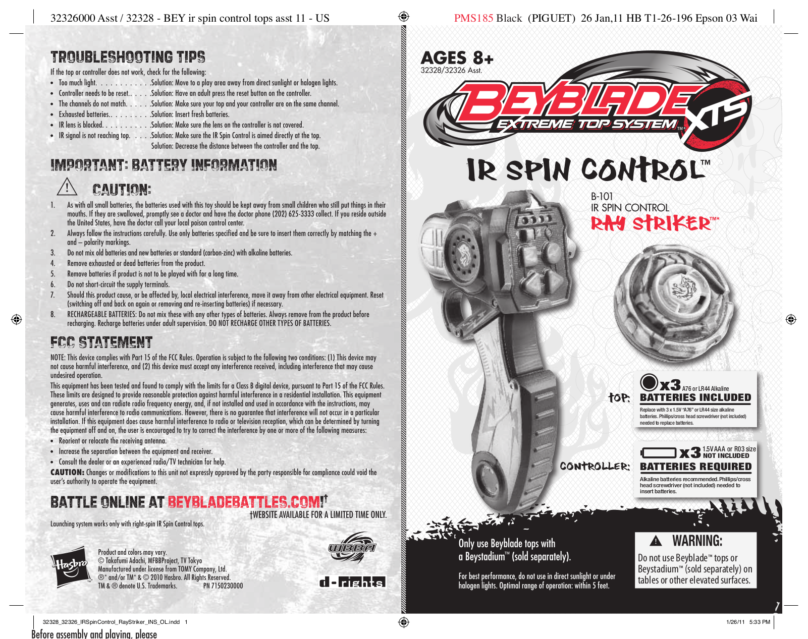 HASBRO Beyblade IR Spin Control Ray Striker User Manual