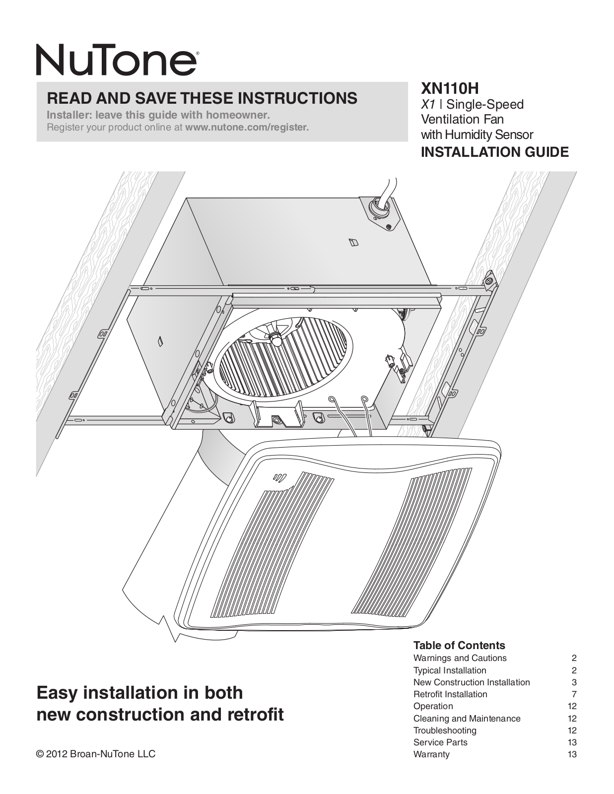 NuTone XN110H Quick Start Manual