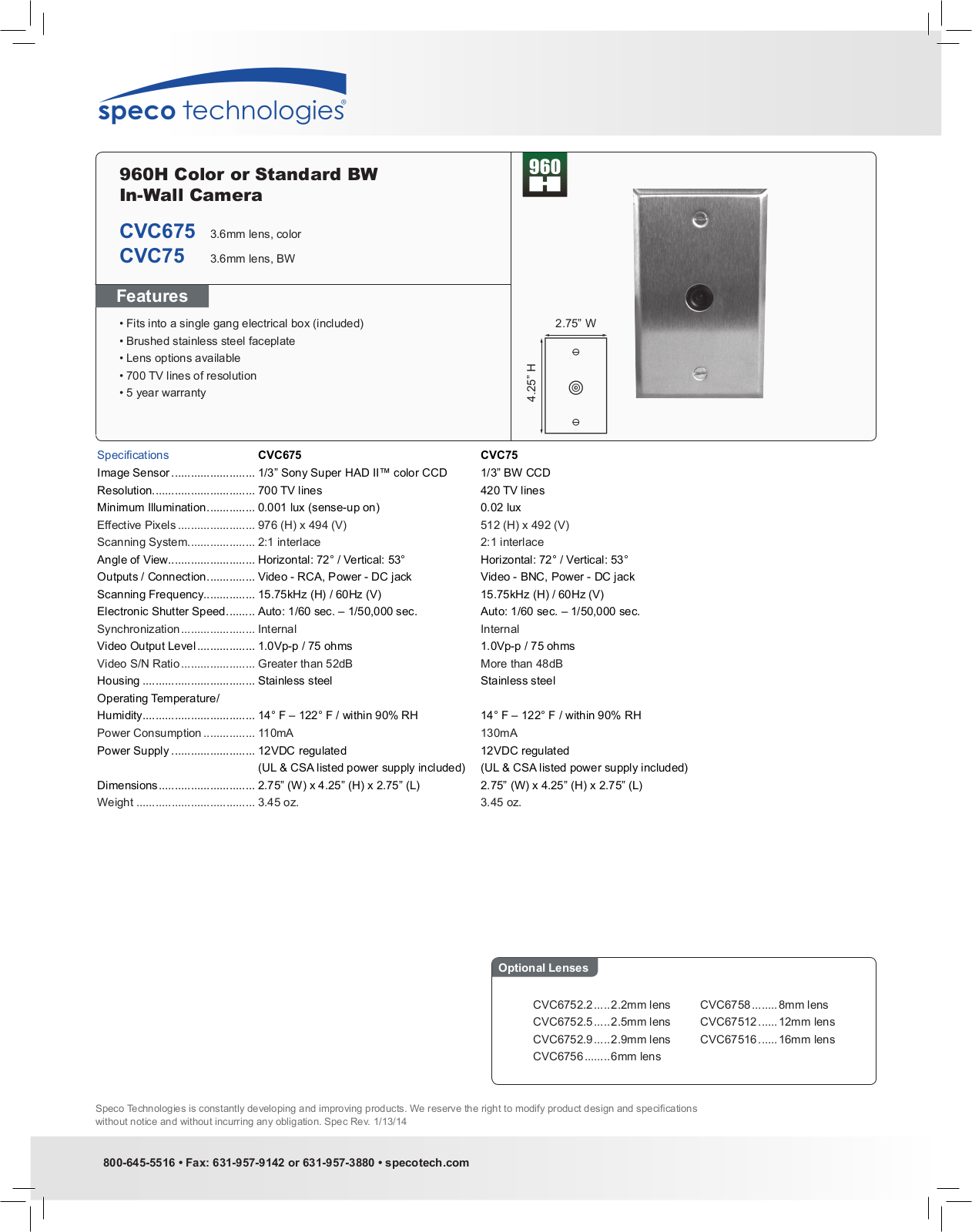 Speco CVC675, CVC67516, CVC6752-2, CVC6752-5 Specsheet