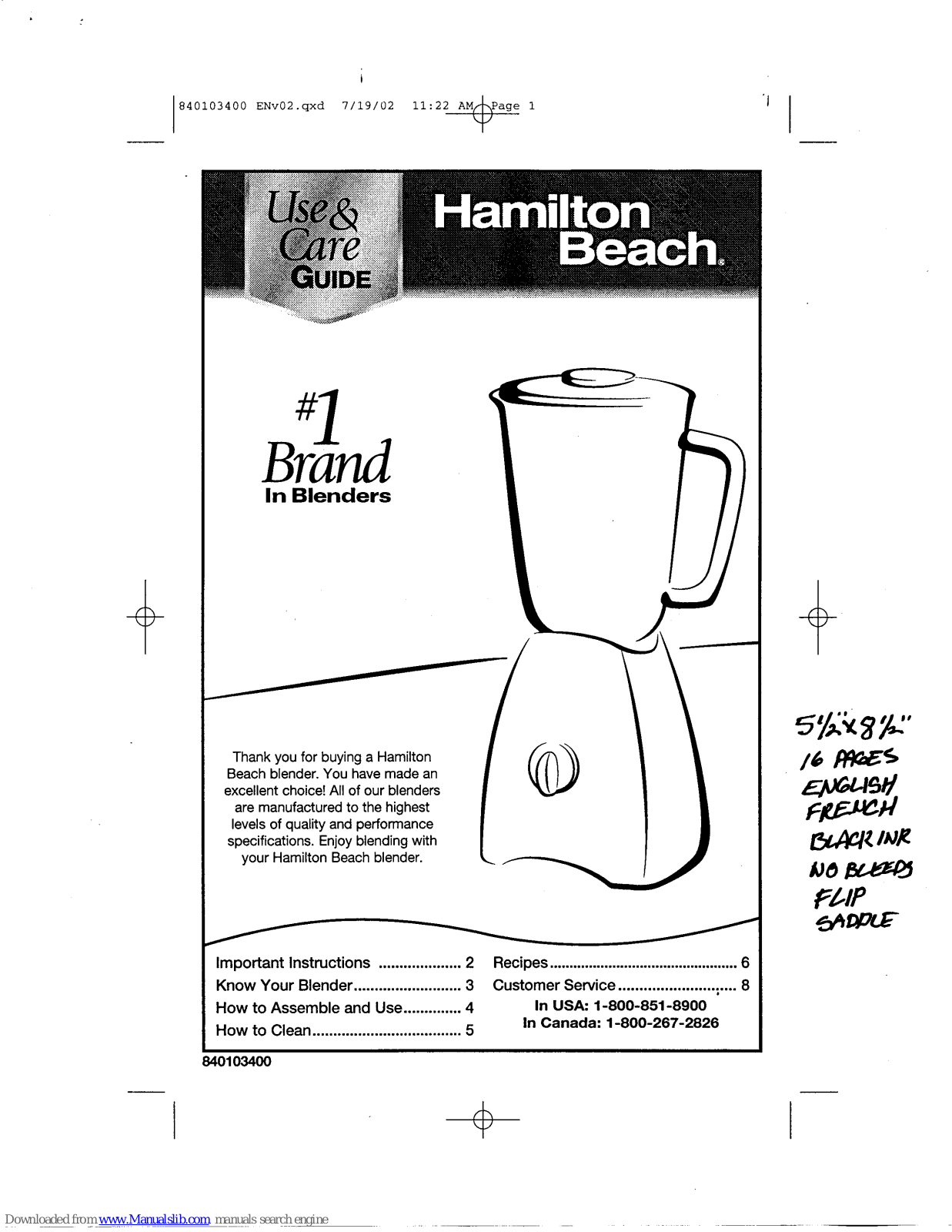 Hamilton Beach 53410, 53430 Use & Care Manual