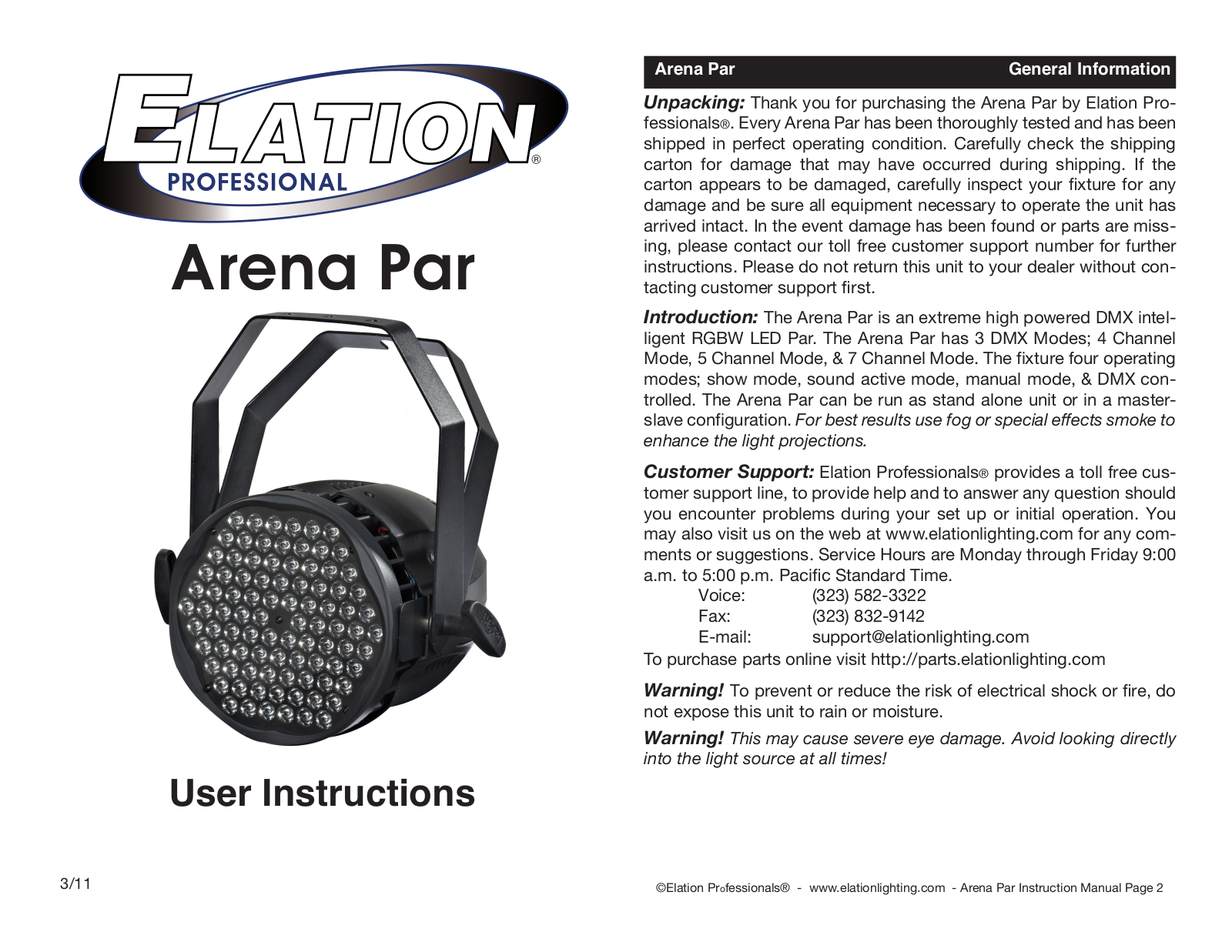 Elation Arena Par User Instructions