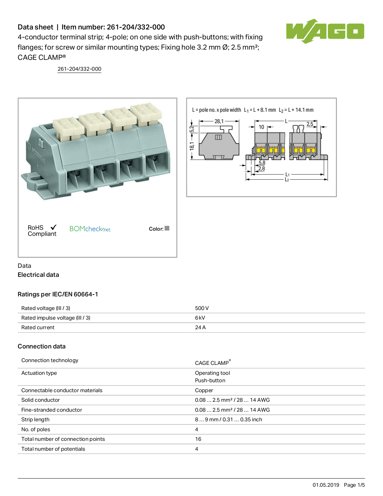 Wago 261-204/332-000 Data Sheet