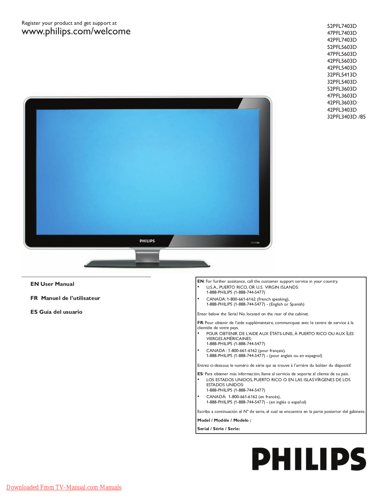 Philips 32PFL5413D, 42PFL3403D, 42PFL3603D, 42PFL7403D, 47PFL3603D User Manual