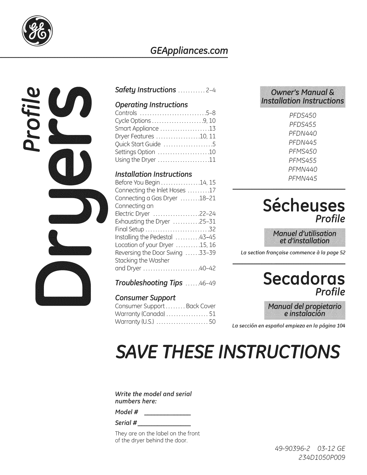 GE PFDS455GL2MV, PFDS455GL2MG, PFDS455GL1MG, PFDS455GL0MV, PFDS455GL0MG Owner’s Manual