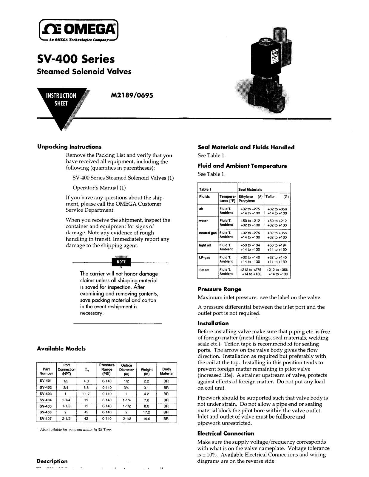 Omega Products SV-400 Installation  Manual