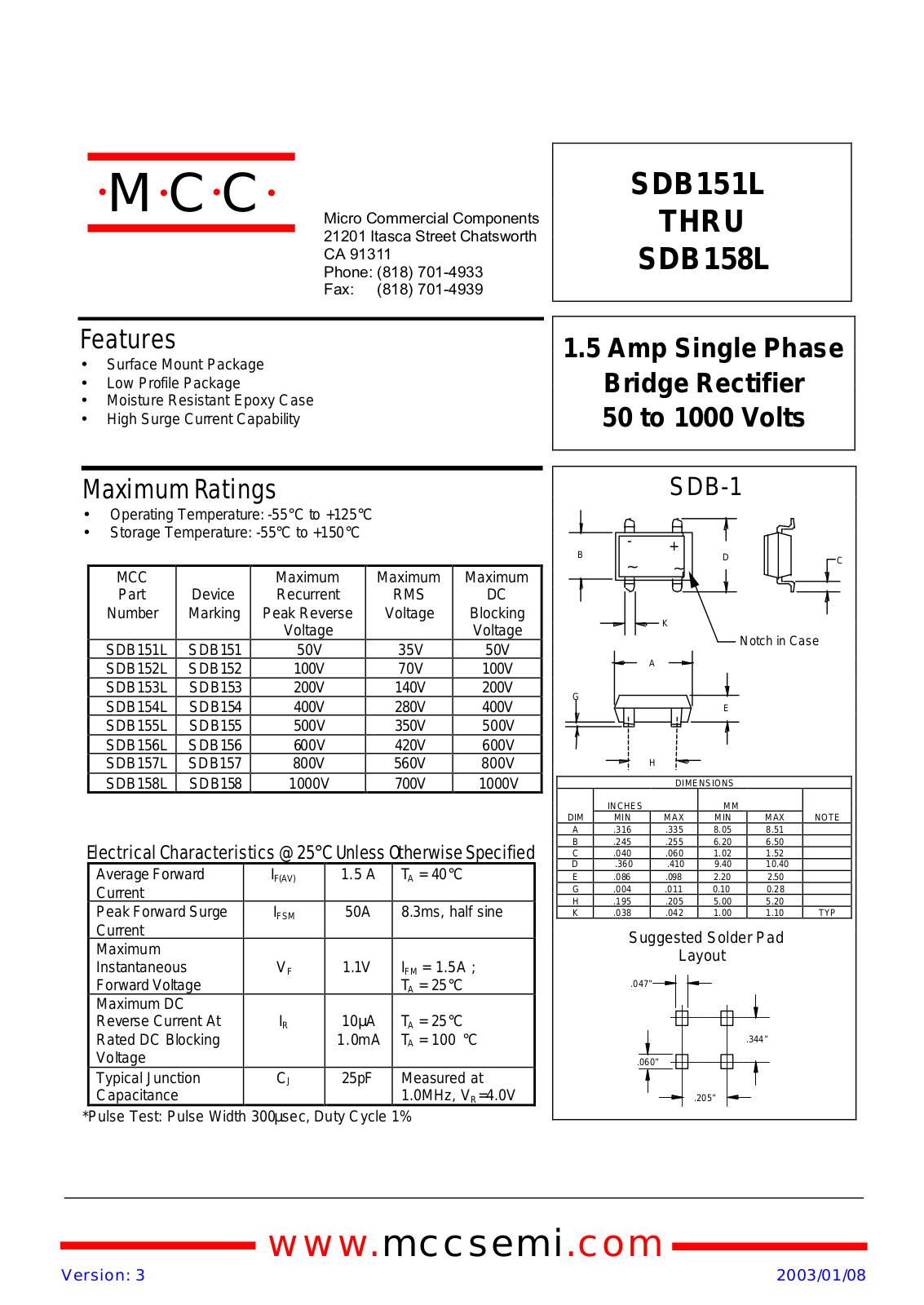 MCC SDB151L, SDB152L, SDB154L, SDB155L, SDB156L Datasheet