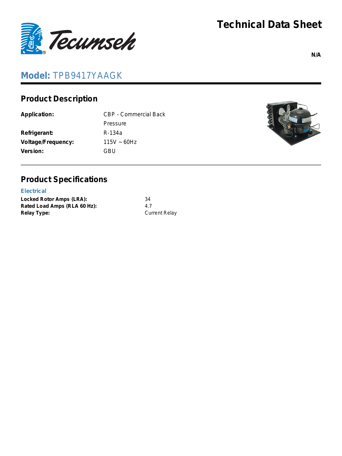 Tecumseh TPB9417YAAGK Technical Data Sheet