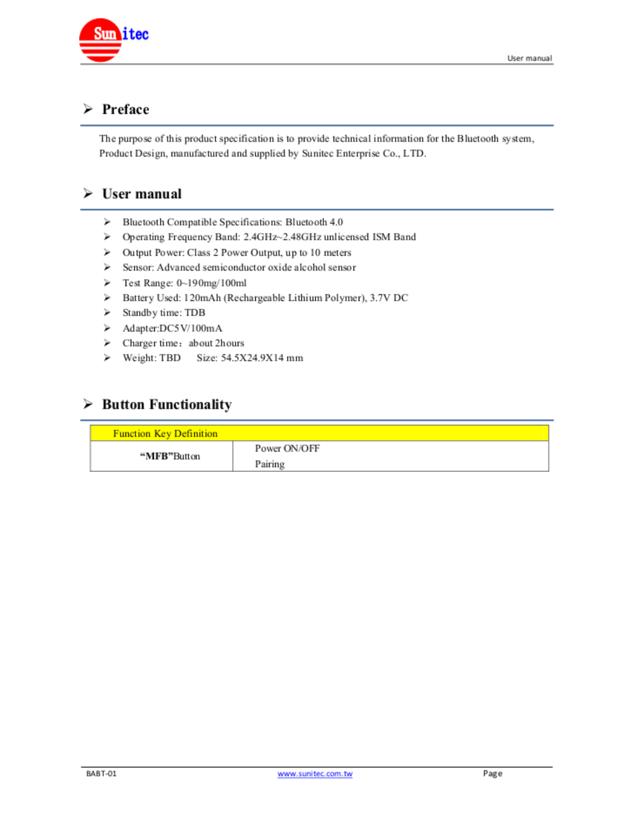 Sunitec Enterprise BH006 User Manual