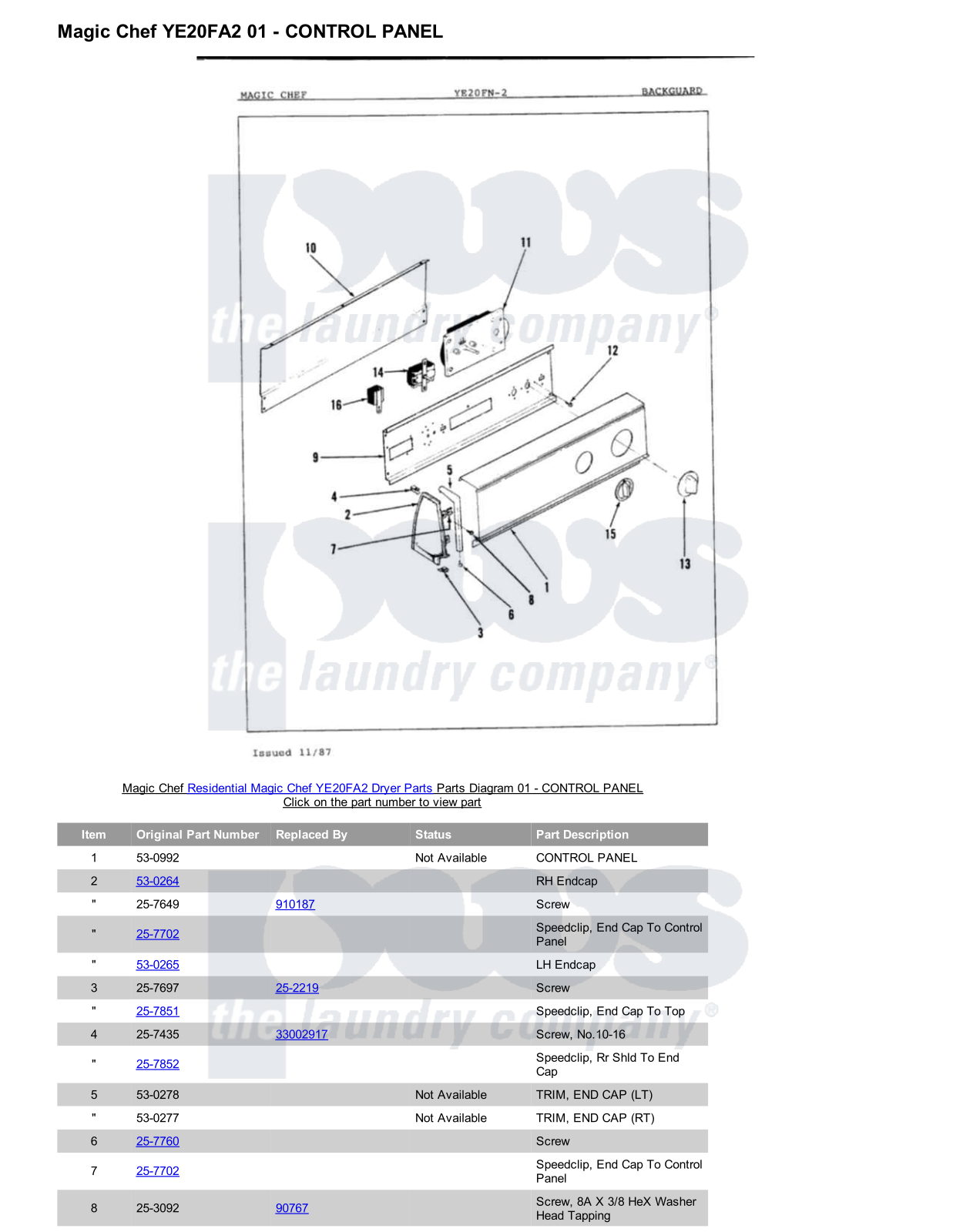 Magic Chef YE20FA2 Parts Diagram