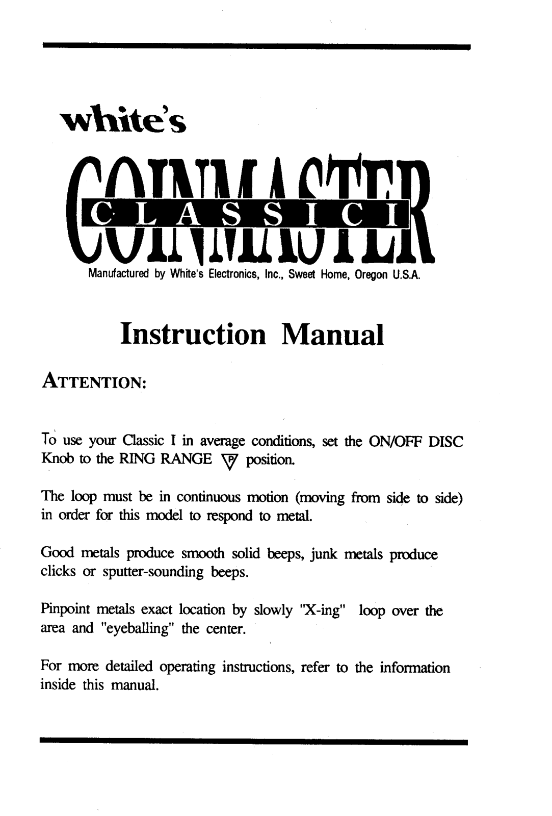 Whites Electronics CL 1 User Manual