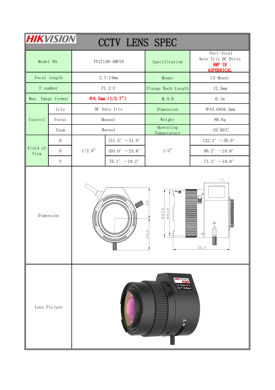 Hikvision TV2713D-4MPIR Specsheet