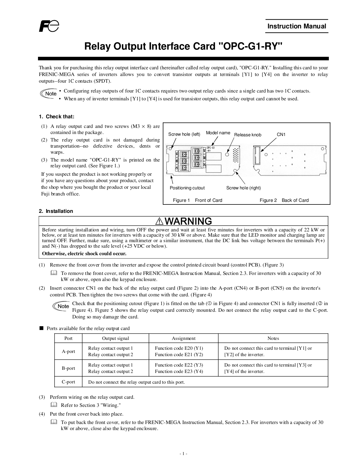 Fuji Electric OPC-G1-RY Operating Manual