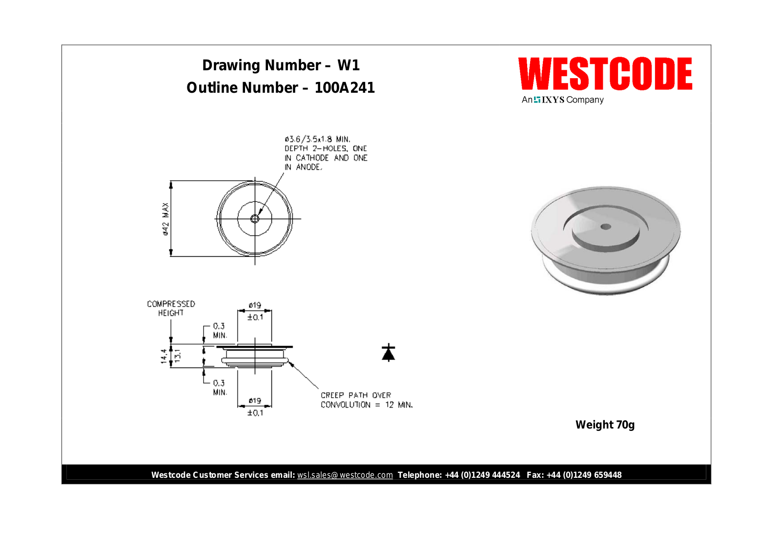 Westcode Semiconductors W1 100A241 Dimensional Sheet