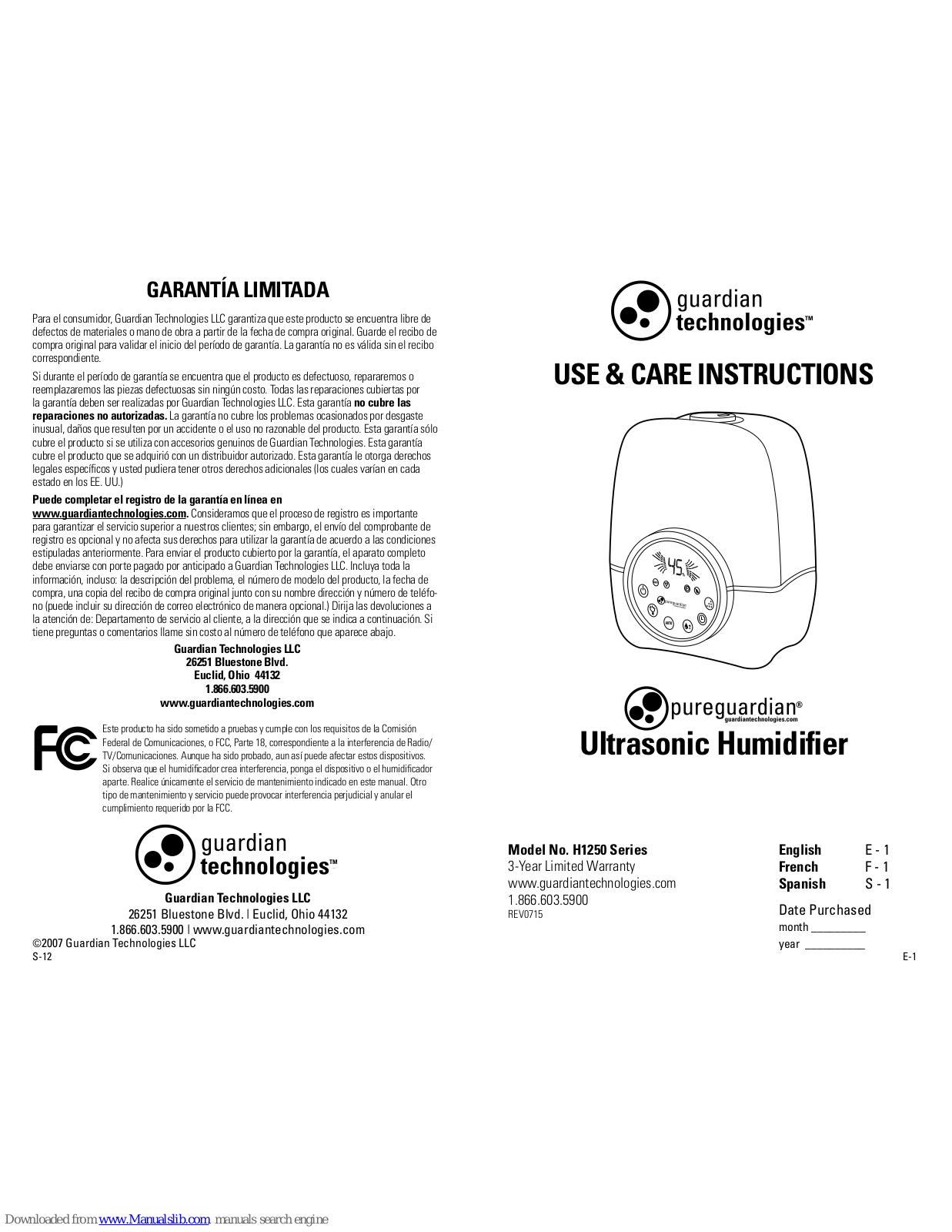 Guardian H1250 Use & Care Instructions Manual