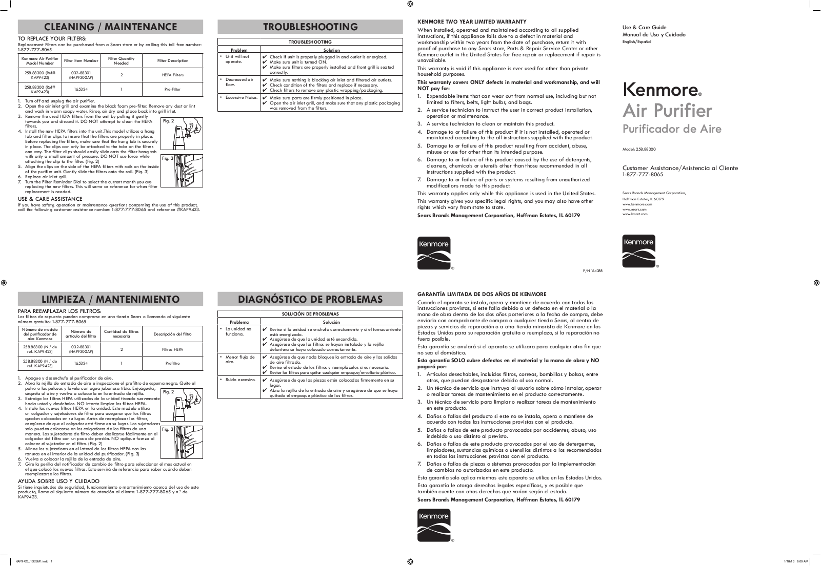 Kenmore Tower Air Cleaner Owner's Manual