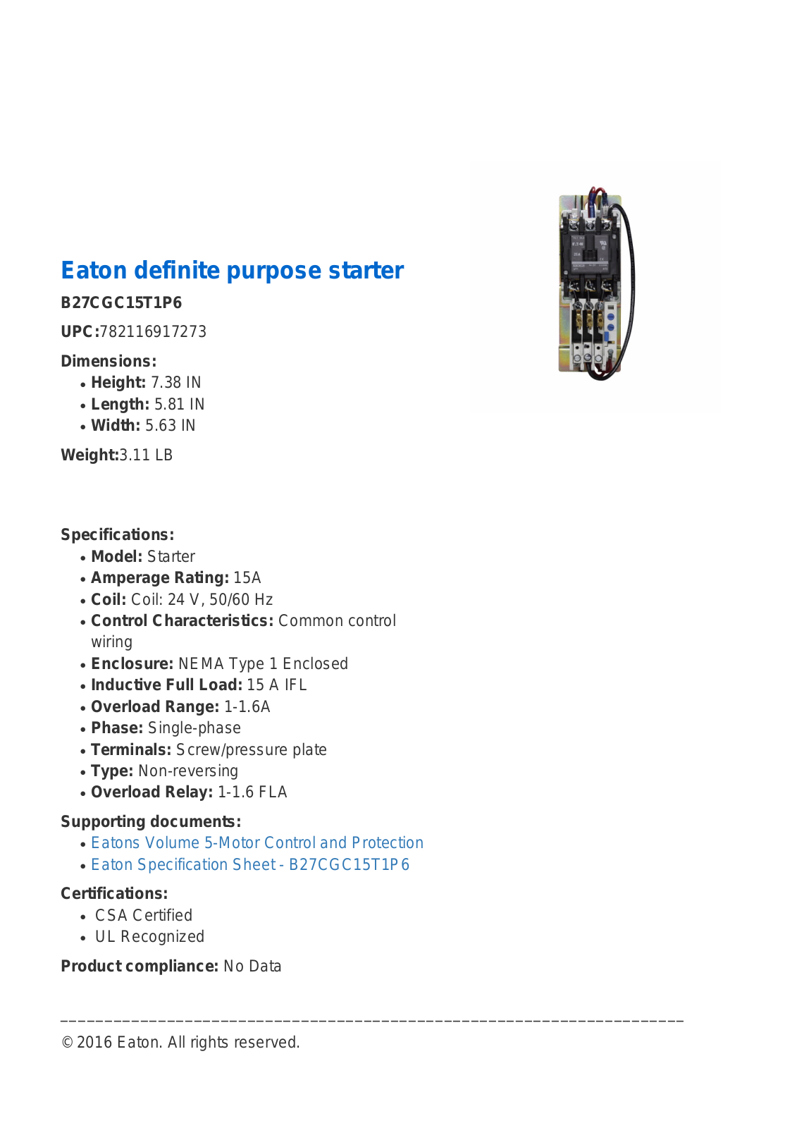 Cutler Hammer, Div of Eaton Corp B27CGC15T1P6 Specifications