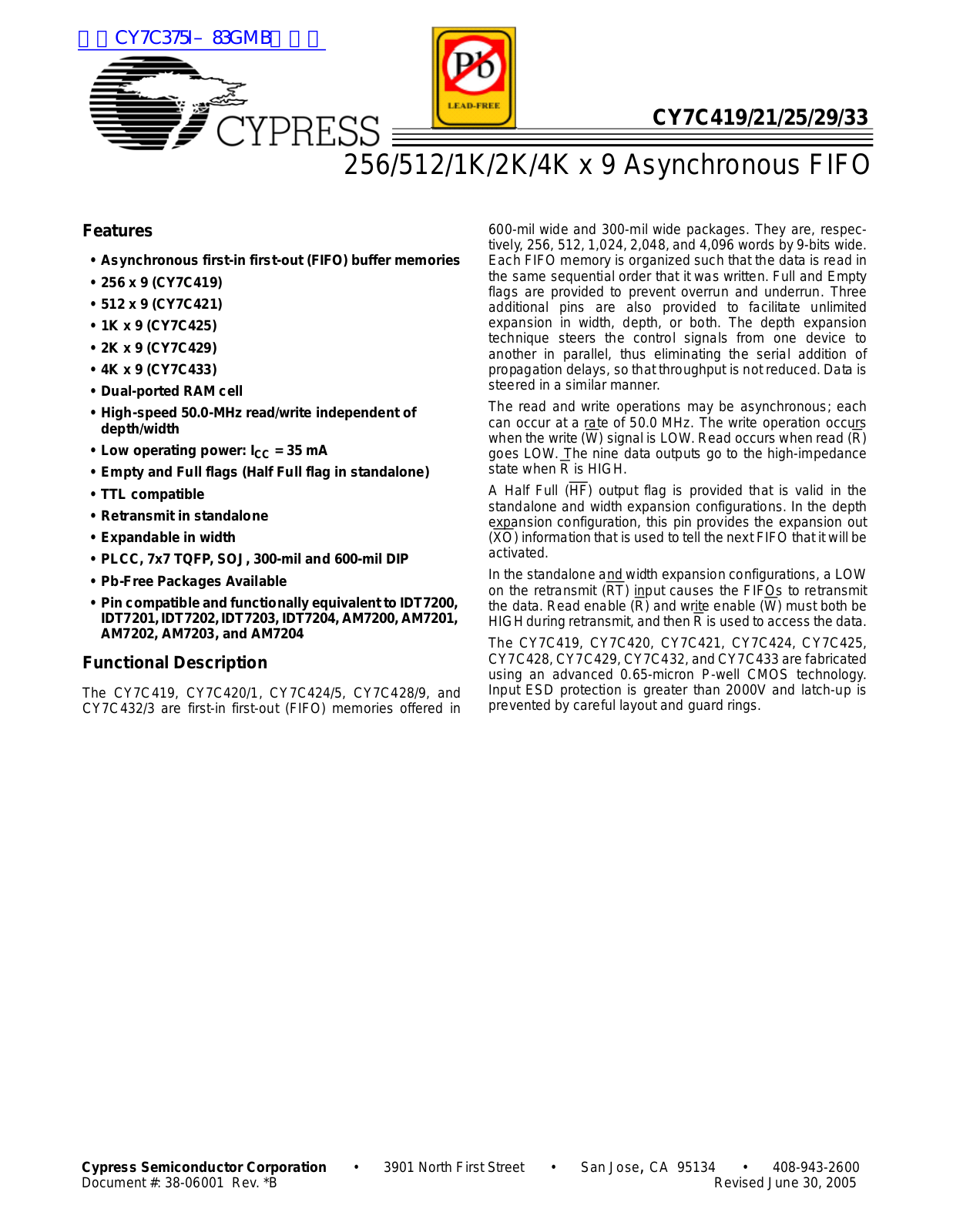 CYPRESS CY7C419, CY7C421, CY7C425, CY7C429, CY7C433 User Manual