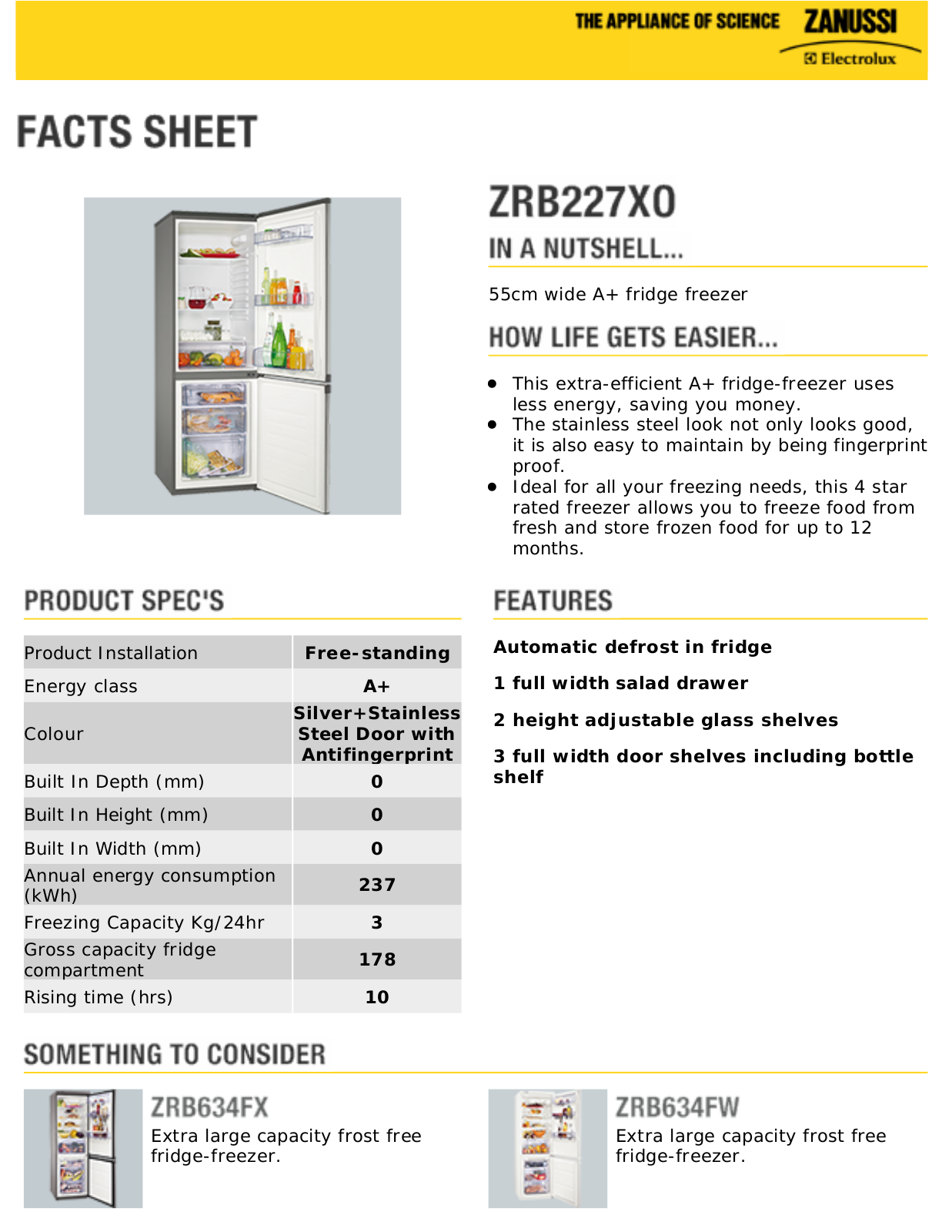 Zanussi ZRB227XO facts sheet