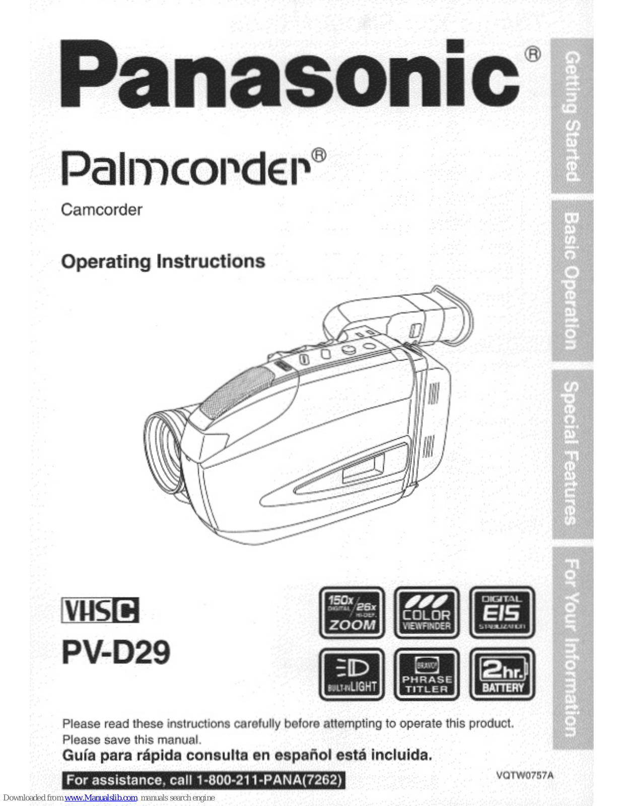 Panasonic Palmcorder PV-D29, PVD29D - VHS-C CAMCORDER User Manual