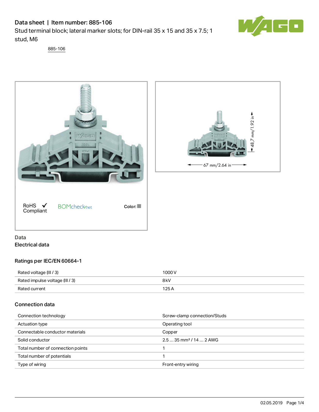 Wago 885-106 Data Sheet