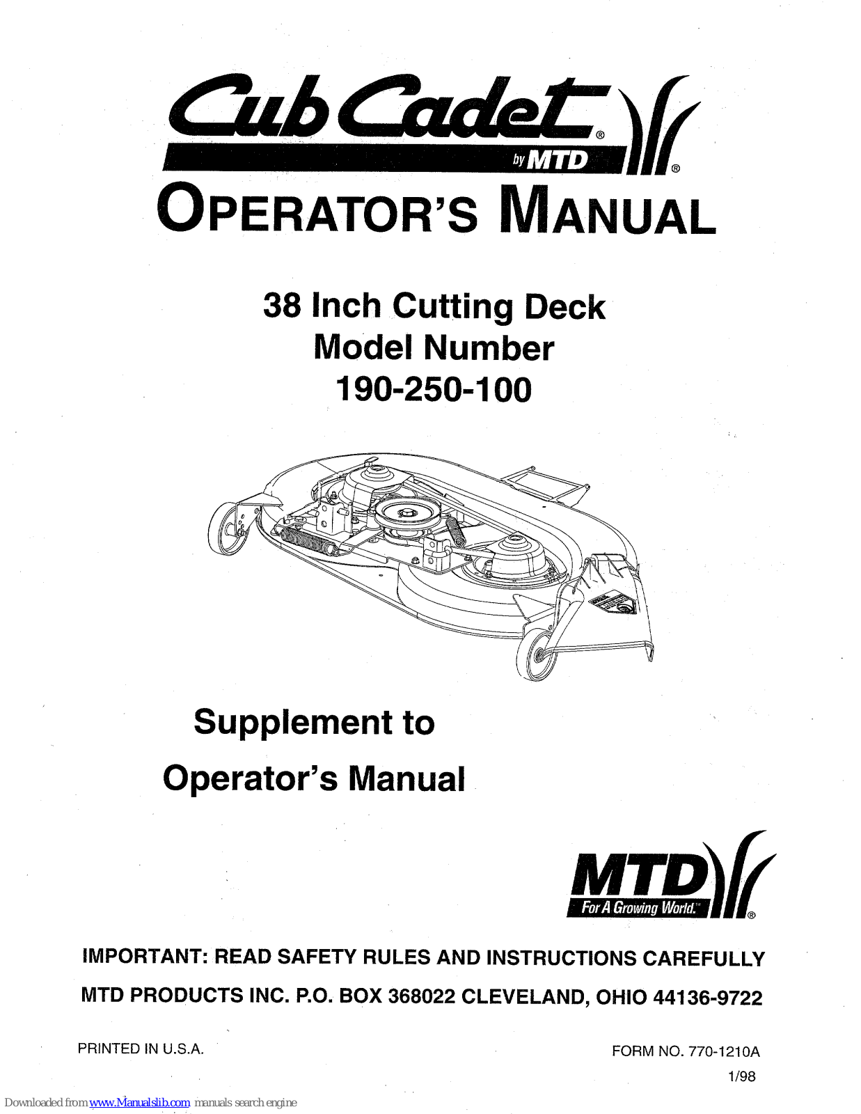 Cub Cadet 190-250-100 Operator's Manual Supplement