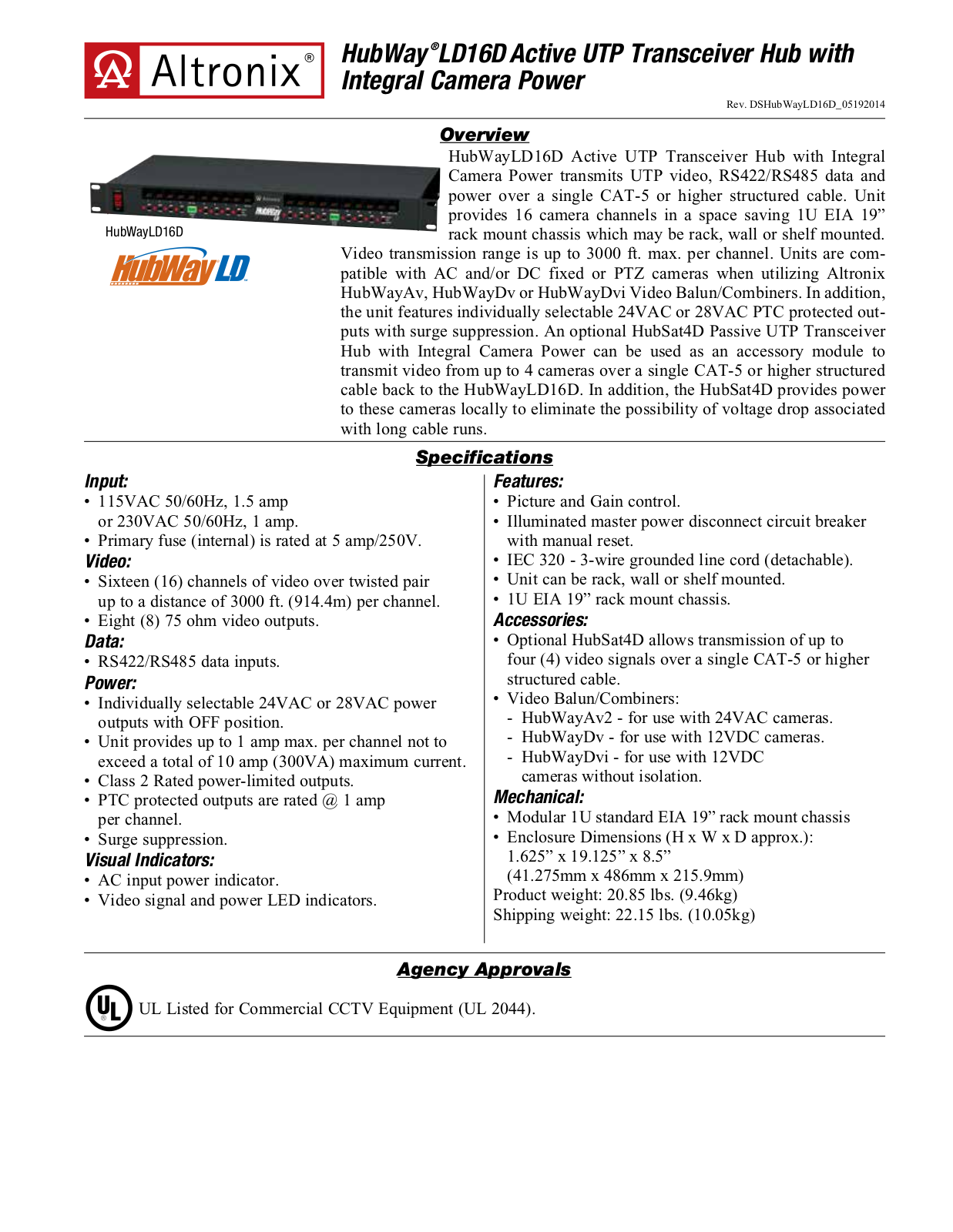 Altronix HubWayLD162D, HubWayLD163D Specsheet