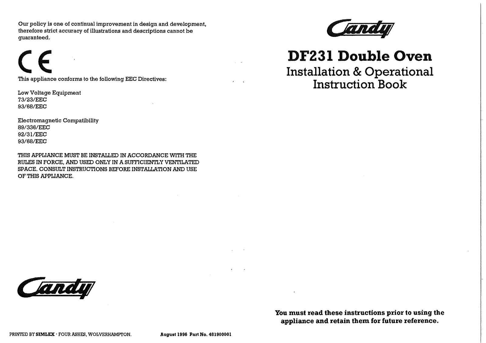 Candy DF231 User Manual