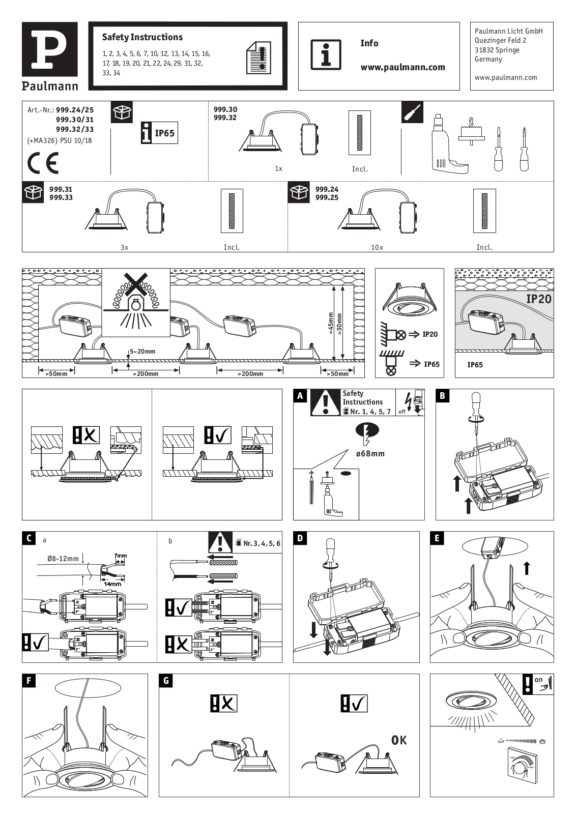 Paulmann 99924, 99925, 99930, 99931, 99932 Safety instructions
