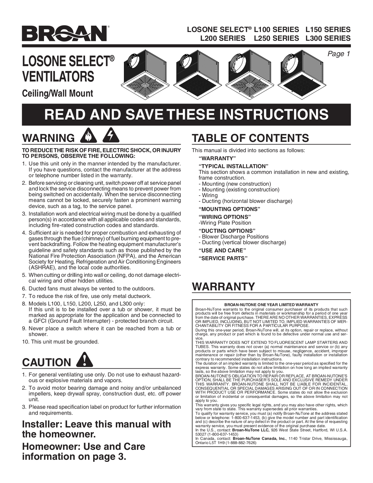 Broan L100MG, L150MG, L250MG, L300MG Installation Manual