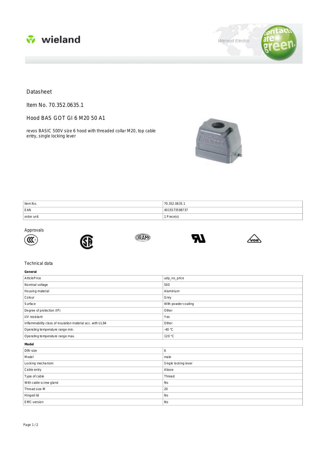 Wieland 70.352.0635.1 Data Sheet