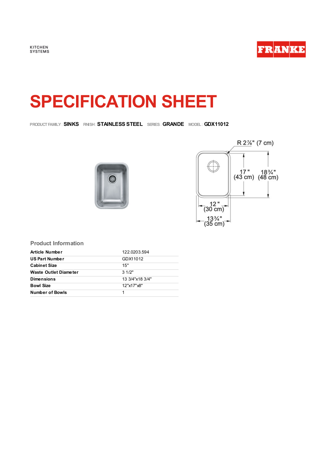 Franke Foodservice GDX11012 User Manual