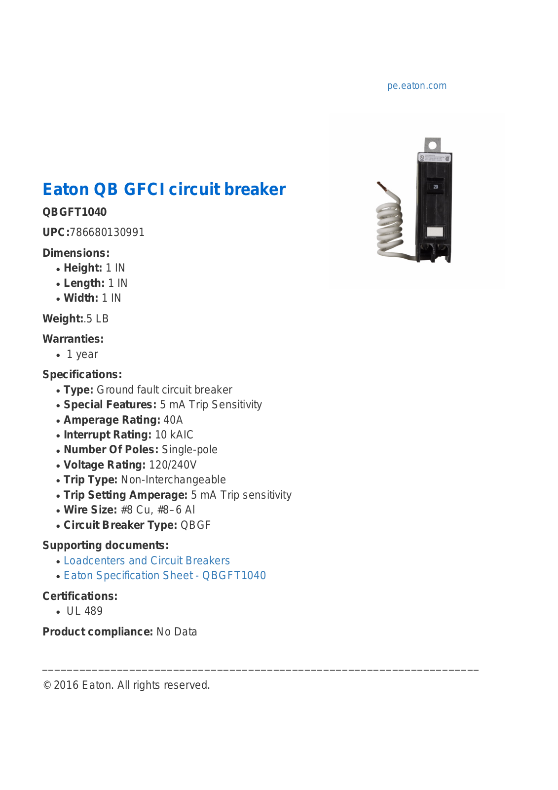 Cutler Hammer, Div of Eaton Corp QBGFT1040 Specifications