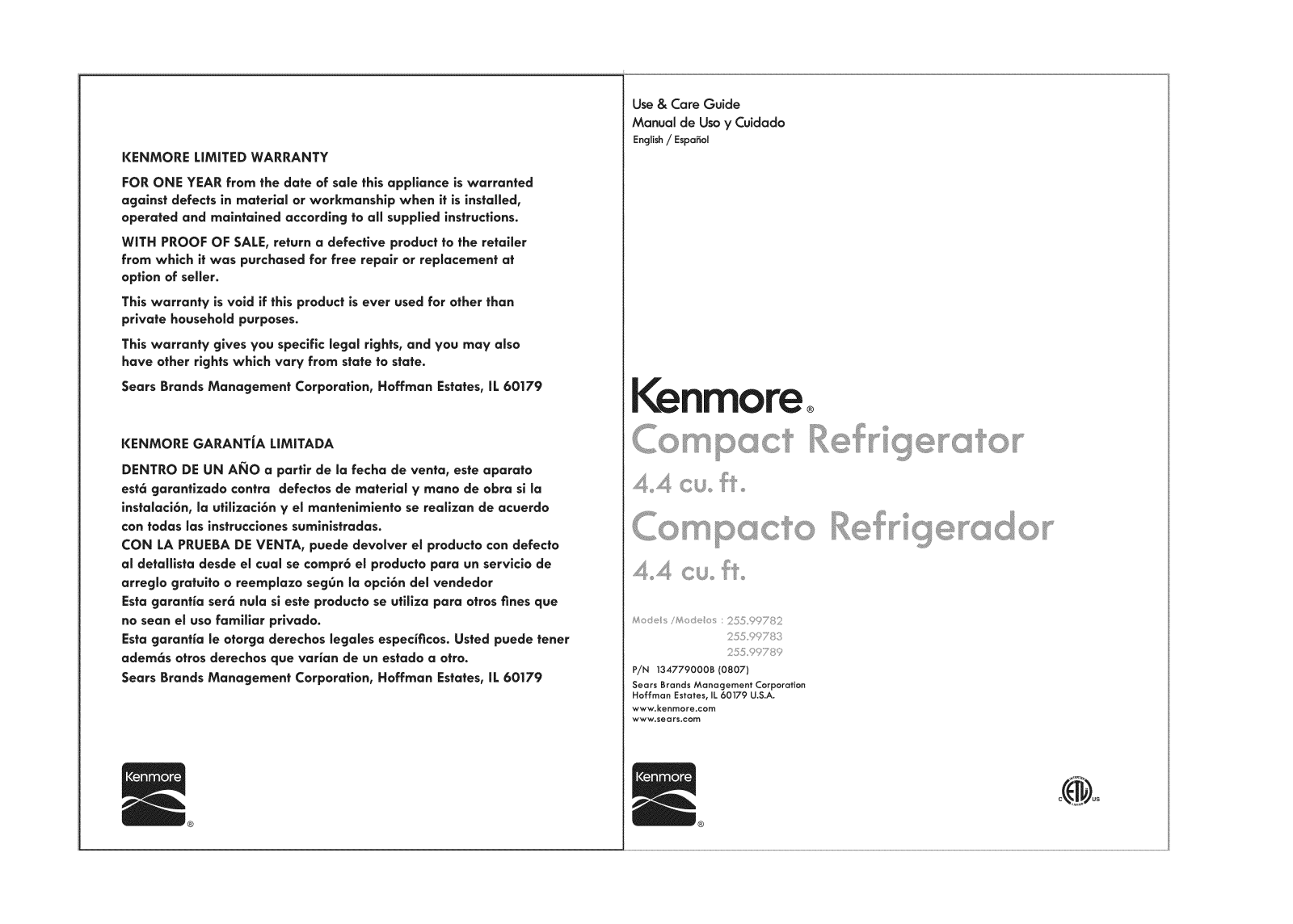 Kenmore 25599789, 25599783110, 25599782 Owner’s Manual