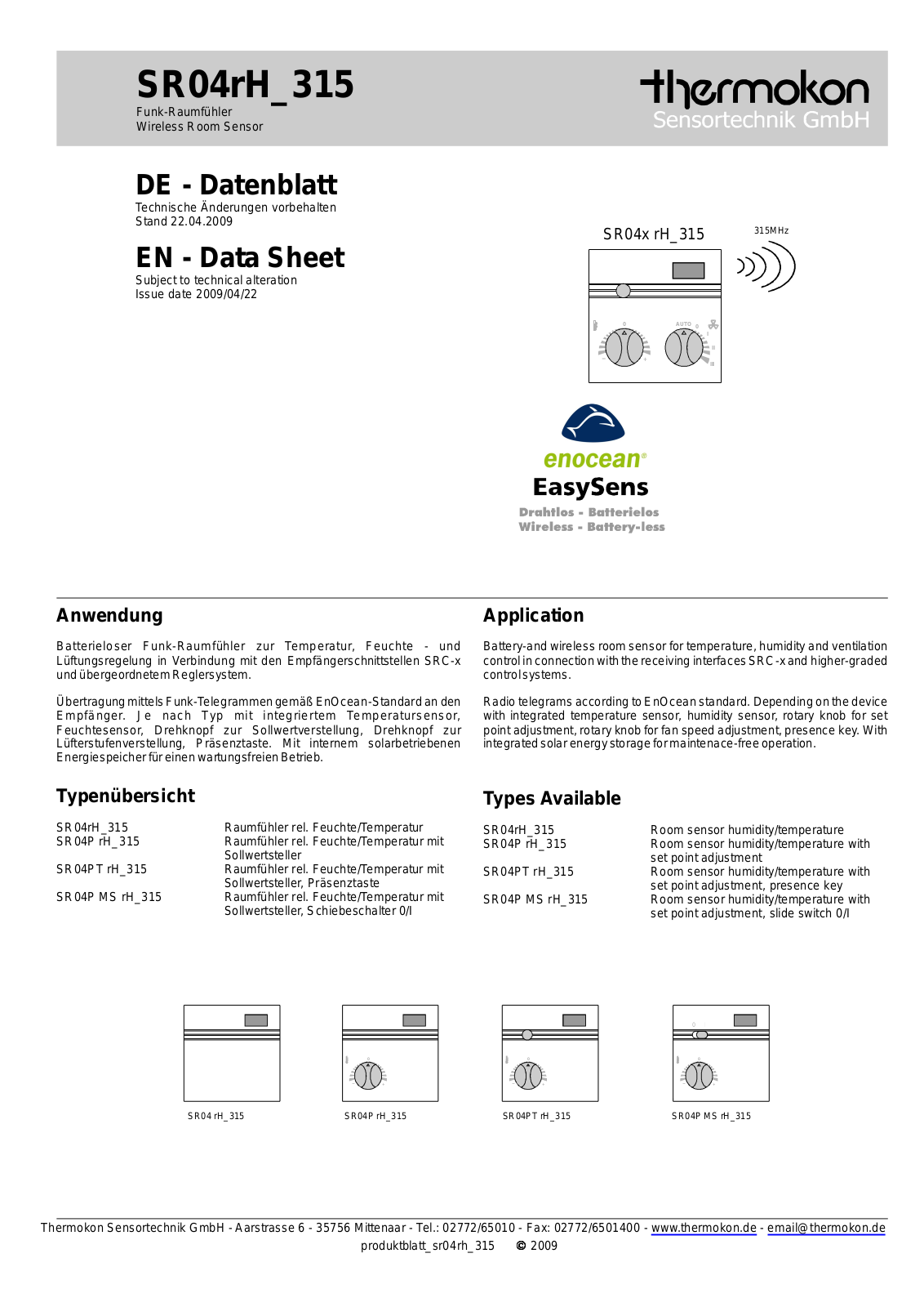 Johnson Controls SR04rH_315 Data Sheet