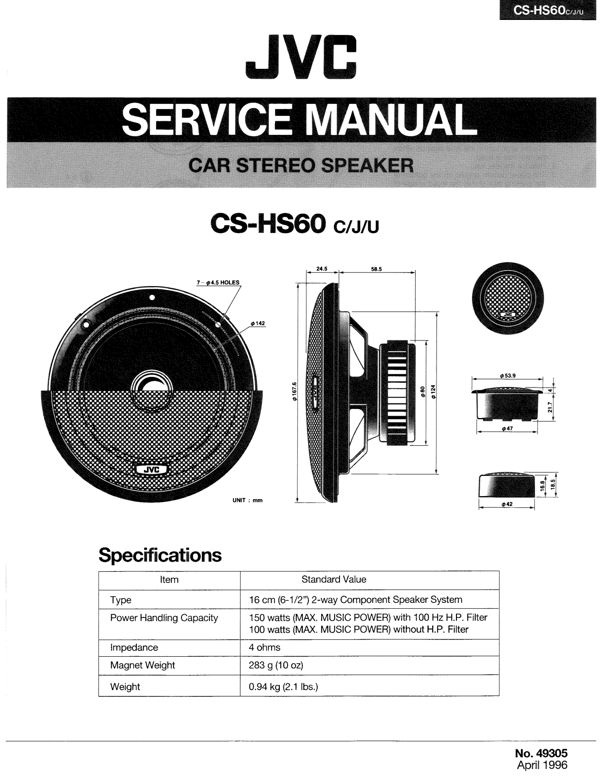 JVC CS-HS60J, CS-HS60JL, CS-HS60U, CS-HS60UL, CS-HS60ULA Service Manual