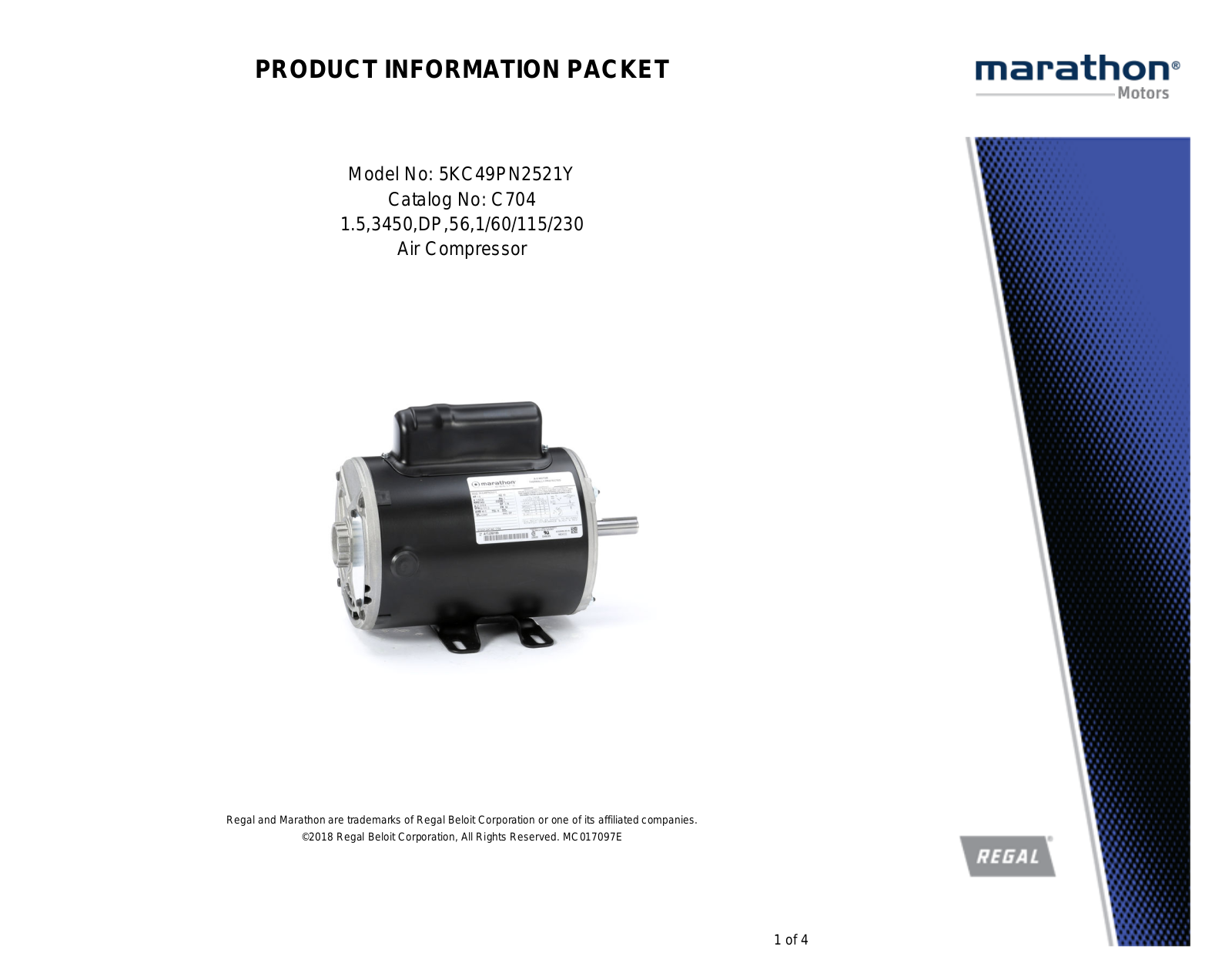 Marathon Electric 5KC49PN2521Y Product Information Packet