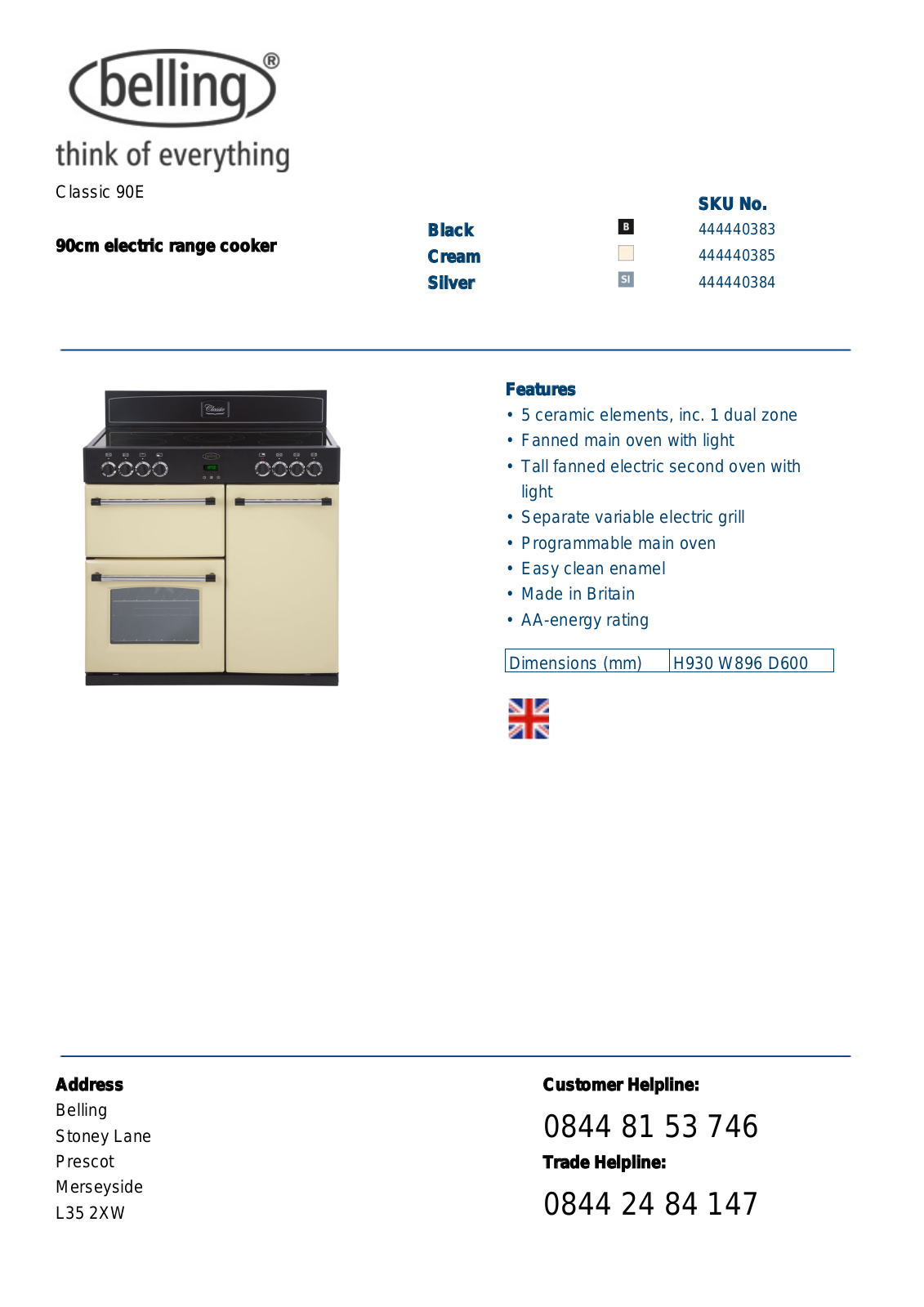 Belling CLASSIC 90E DATASHEET