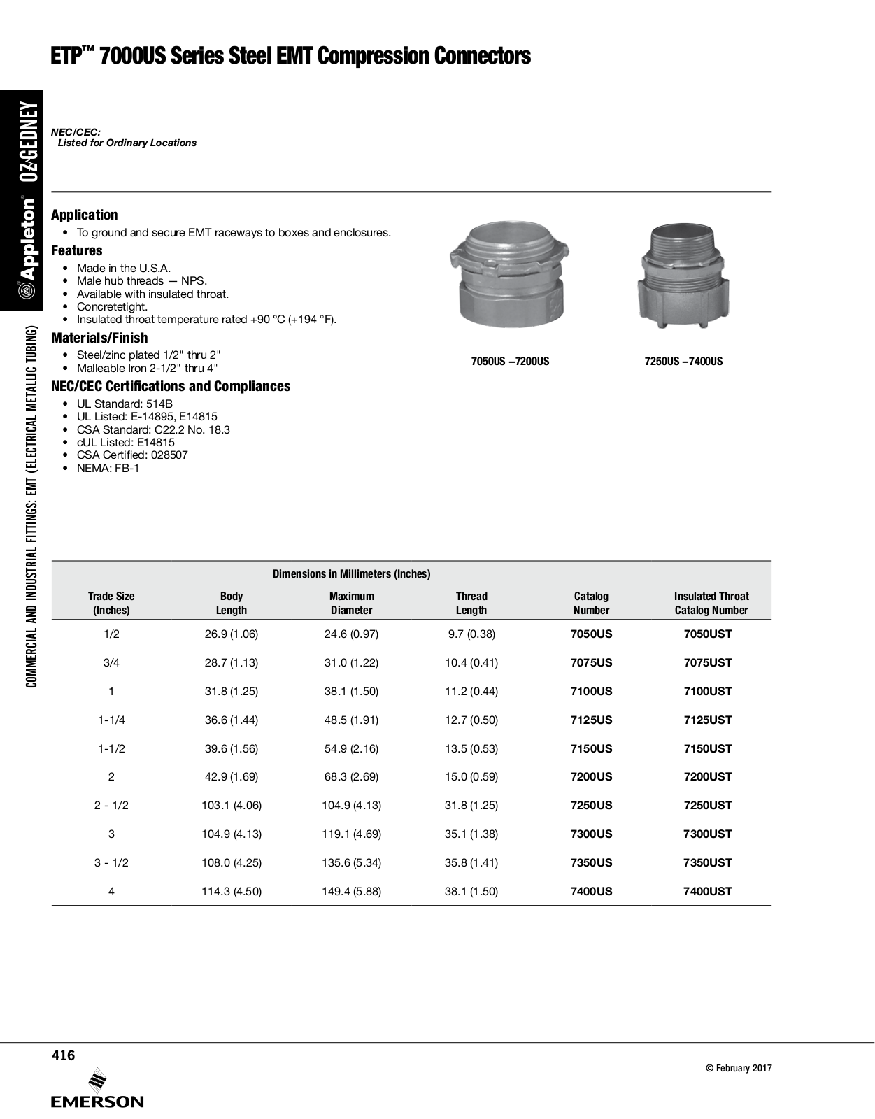 Appleton 7000US Series Steel EMT Compression Connectors Catalog Page