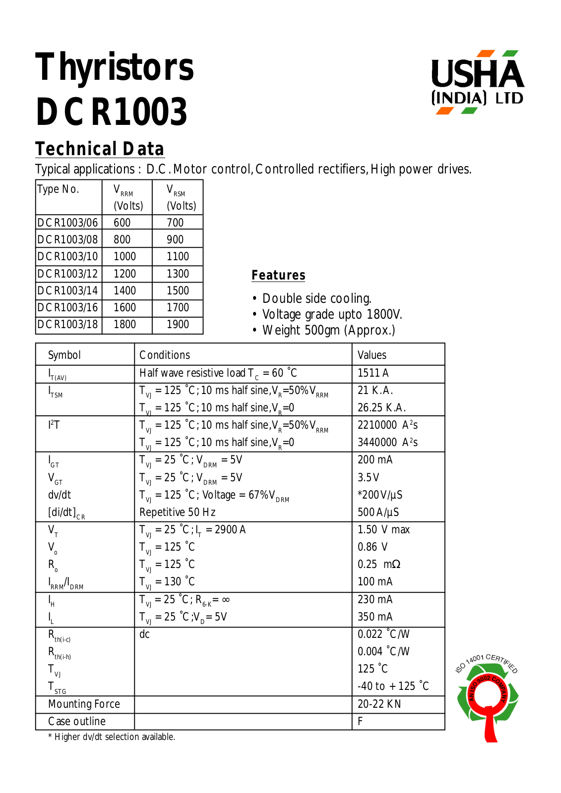 USHA DCR1003-18, DCR1003-16, DCR1003-14, DCR1003-12, DCR1003-10 Datasheet