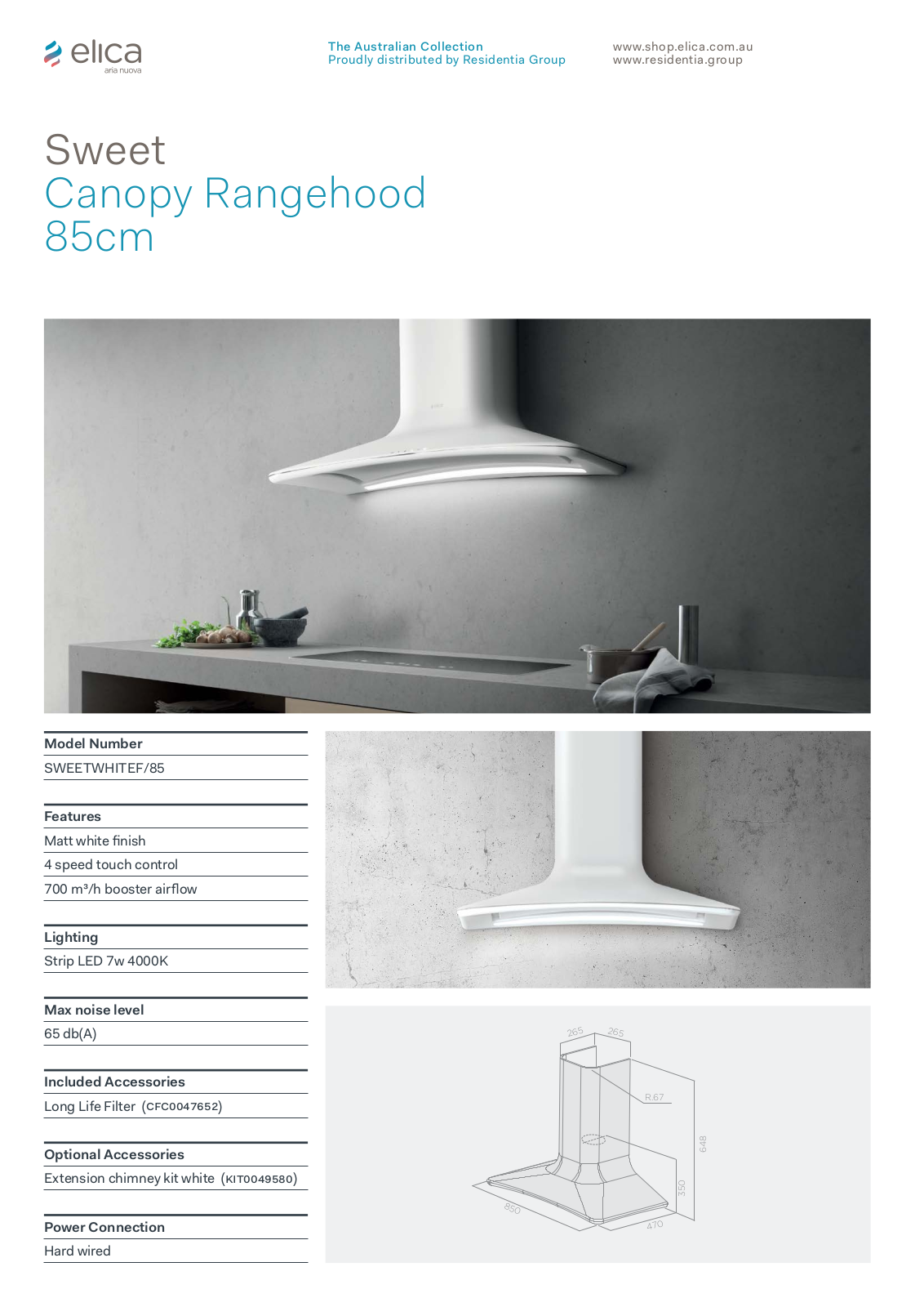 Elica SWEETWHITEF85 Specifications Sheet