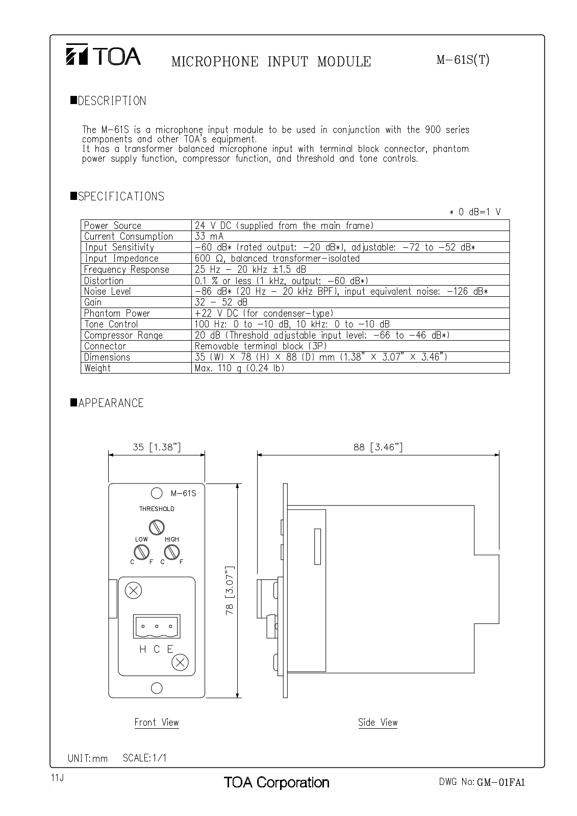 TOA M-61S T User Manual