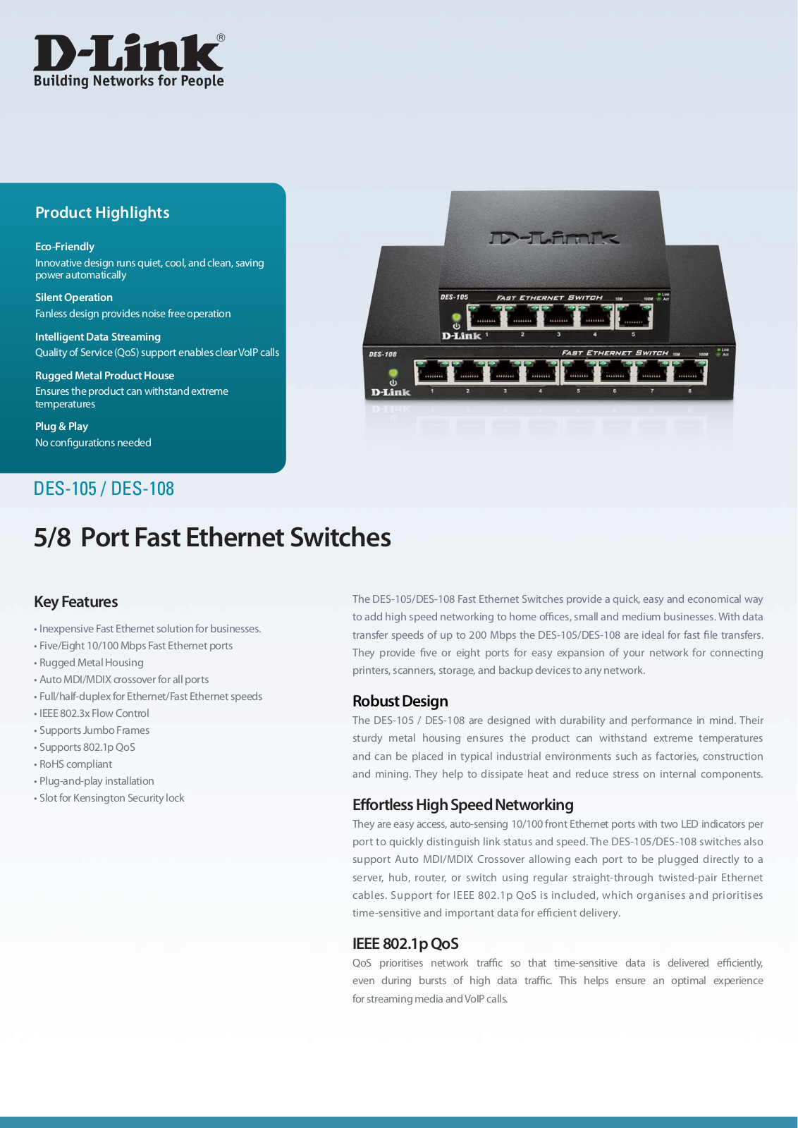 D-Link DES-105/B Product Data Sheet