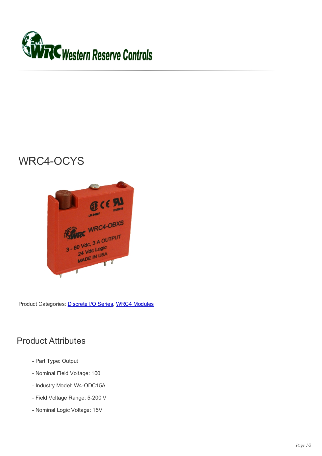 Western Reserve Controls WRC4-OCYS Data Sheet