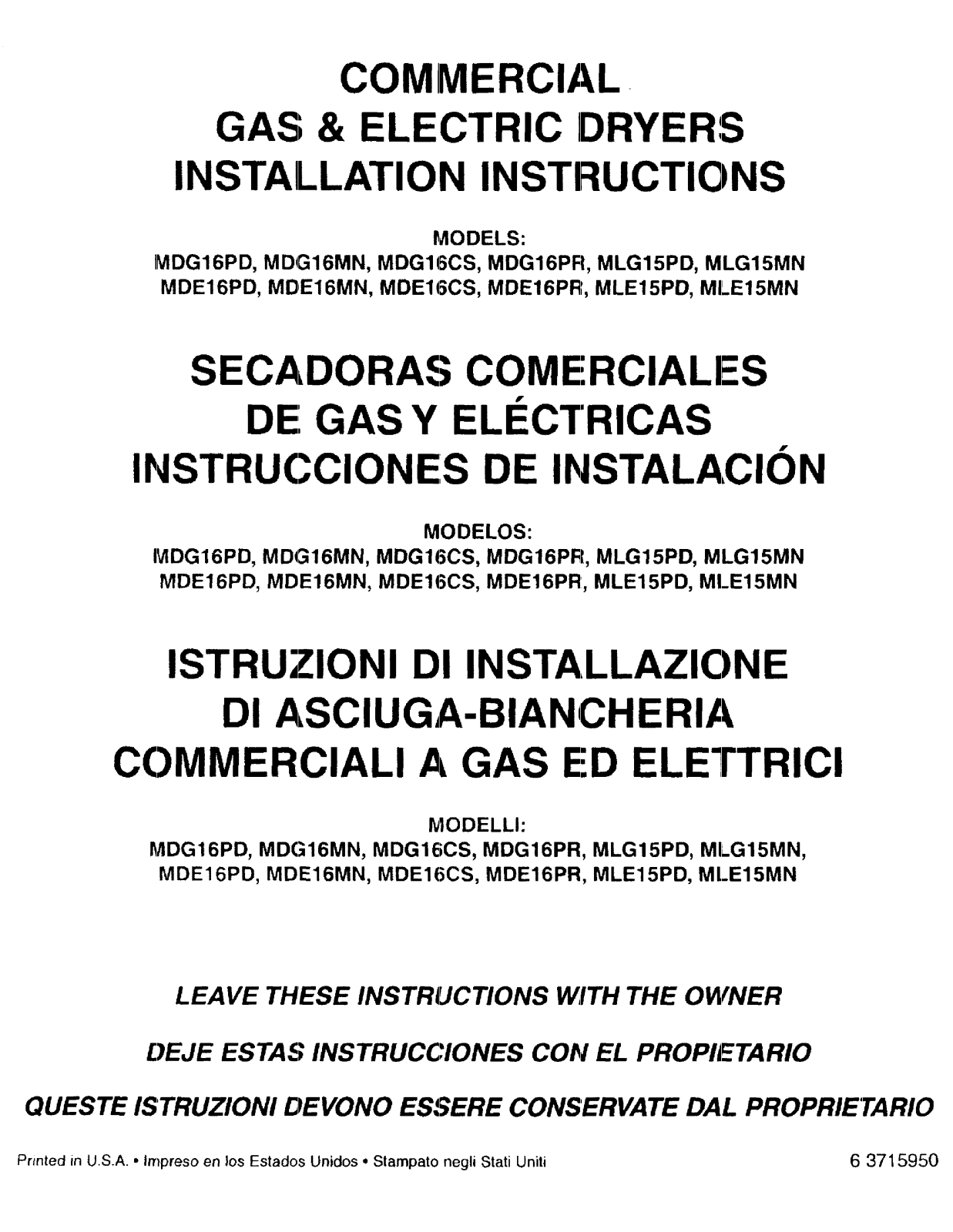 Maytag MDG16PD, MDG16MN, MDG16CS, MDG16PR, MLG15PD Installation Instructions