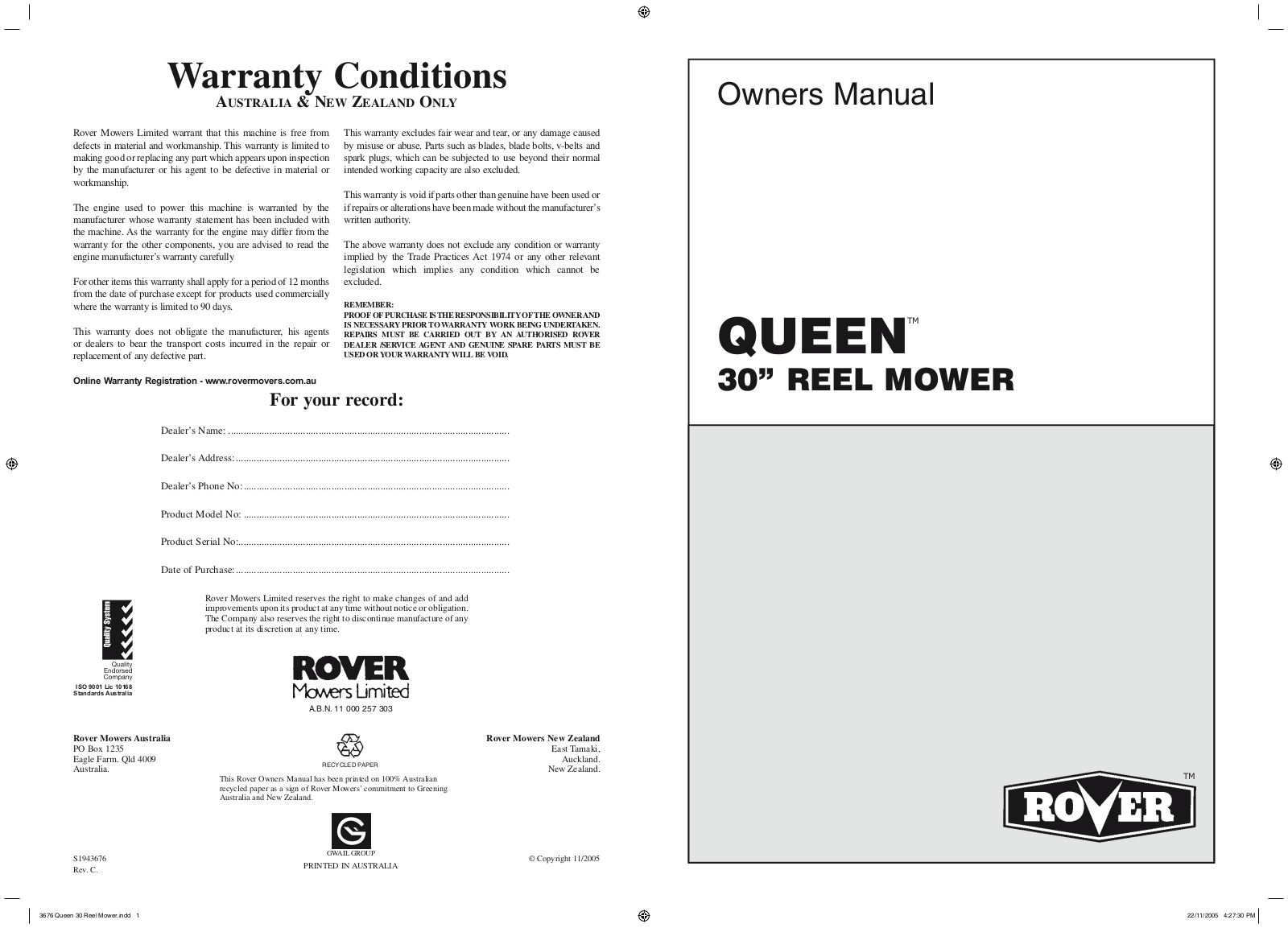 Rover 300433, 300361 User Manual