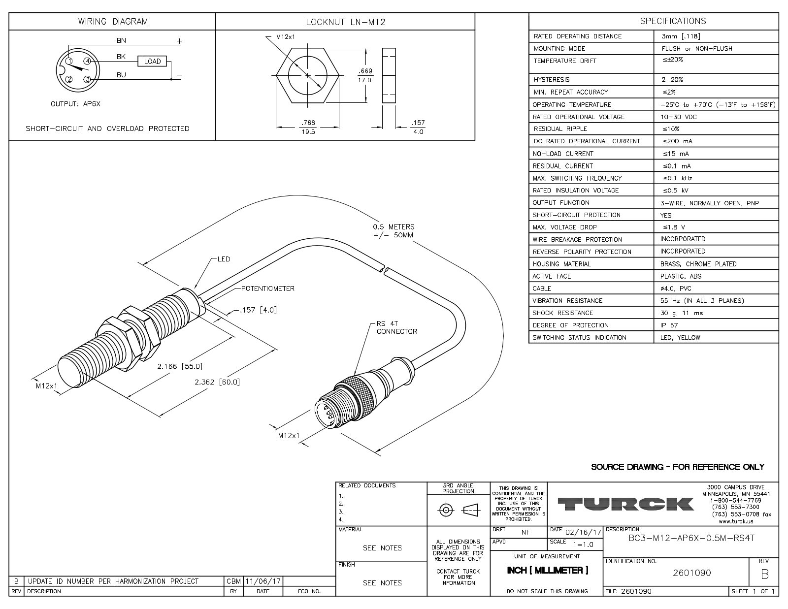 Turck BC3-M12-AP6X-0.5-RS4T Data Sheet