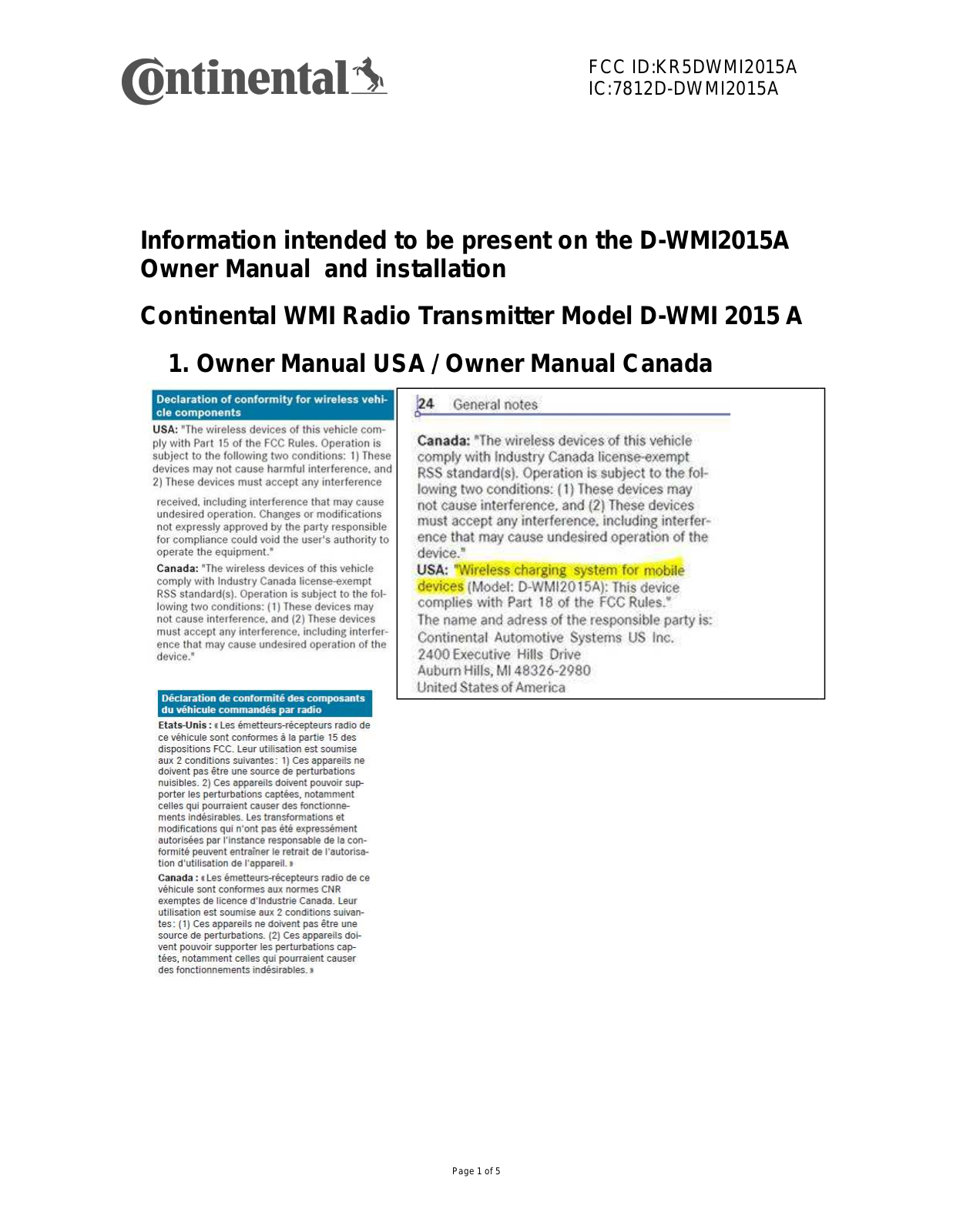 Continental Automotive DWMI2015A User Manual