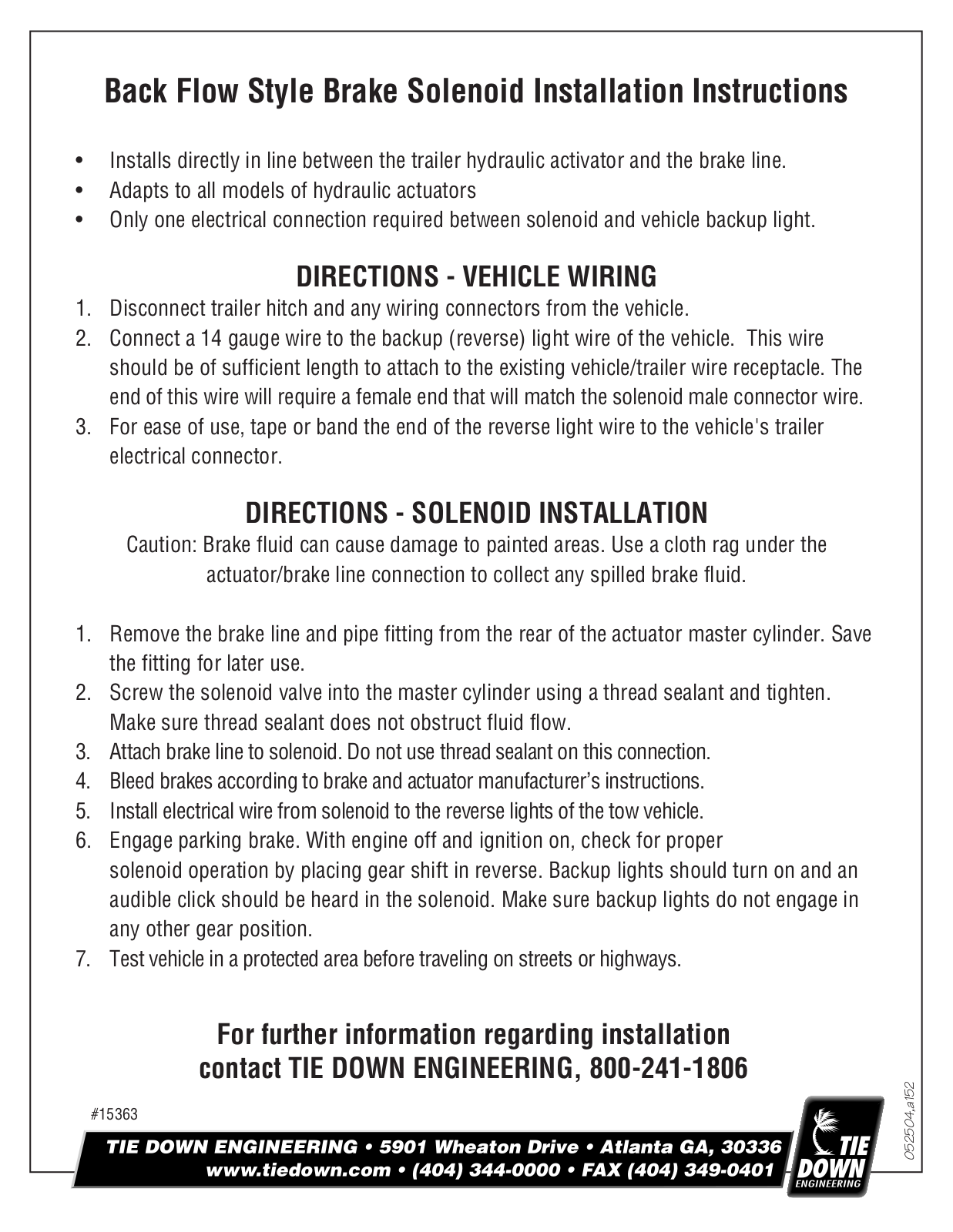 Tie Down Back Flow Style Brake Solenoid User Manual